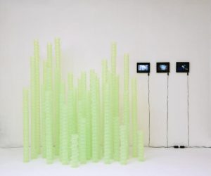 Manufracture Series: Plastic Injection Molding- Green Bamboo installation/ plastic containers and 3-channel video approx. 244 x 147 x 173 (dimensions variable) 2016
