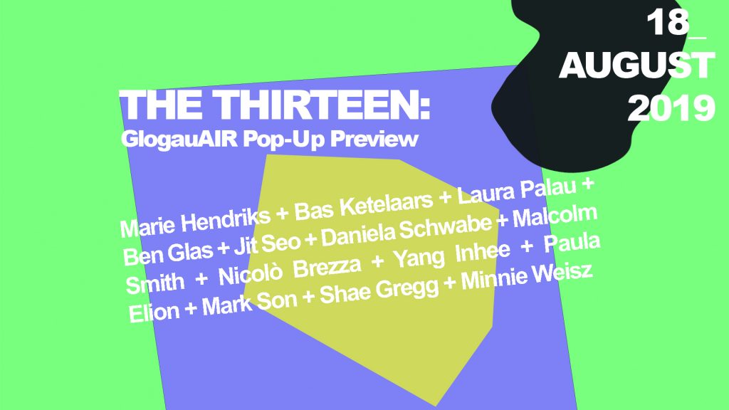 FBcover event_01 Bright green and purple poster showing the title of the event" the thirteen" and the artists names