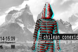 Distorted image on man in front of mountain with the chilean festival texy
