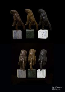 Photograph of multiple hands touching small marble blocks in different colours, by artist Alexandra Slava, resident at GlogauAIR 2019