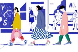 Drawing of three women walking in the foreground and people sat down in the background in shopfronts. By artist Pamela Guest, resident at GlogauAIR January 2020