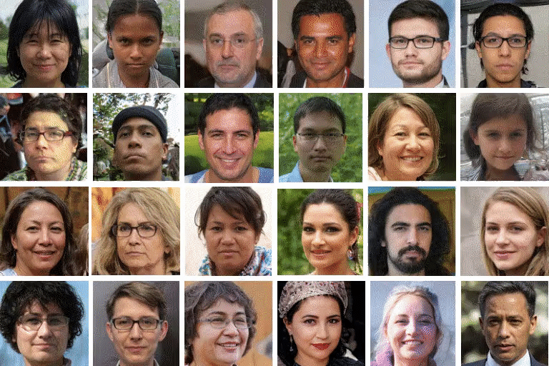 The Machines feature a "webcam feed" of AI-generated faces and facial expressions--these people don't exist. They move like puppets with the participant's voice.