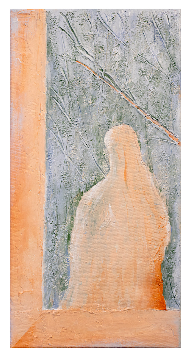 Praying with the snow,  2023/ Acrylic, Eggyolk & Plaster on Canvas, 8'' x 16'' (20.32cm x 40.64cm)
