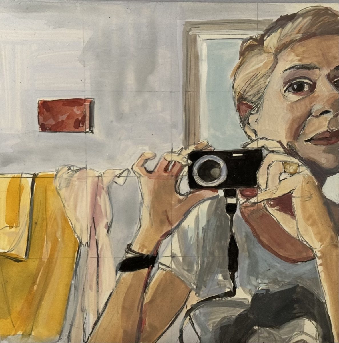 “No, I See You, self-portrait, watercolor, gouache and pencil on claybord, 6” x 6,” 2014