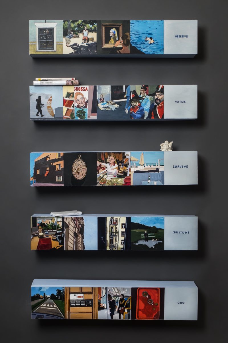 “Seeing is Believing,: acrylic and pencil on claybord, archival materials on wood, text, 30” x 5” x 51,” 2017