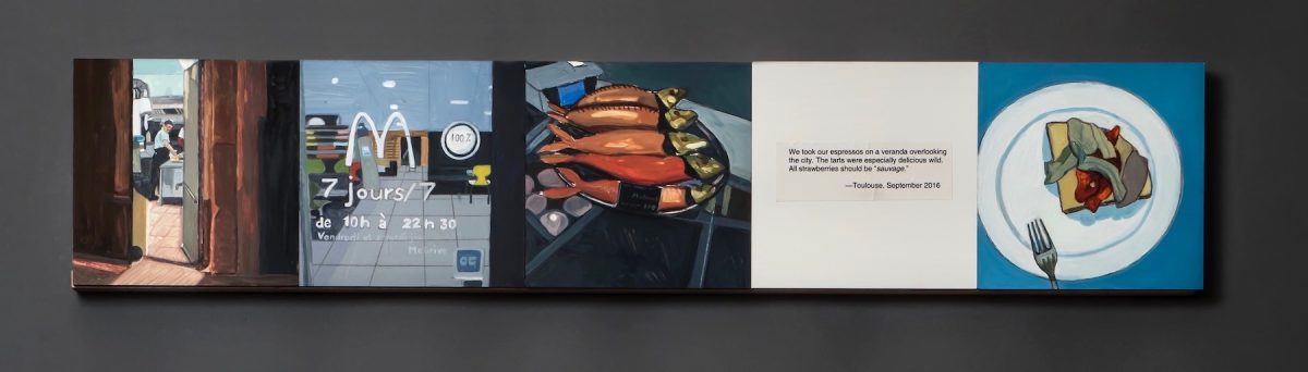 “Consumption,” gouache, pencil on claybord, 30” x 1” x 5,” 2017