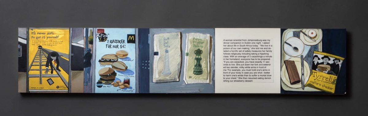 “Explicate,” gouache and pencil on claybord, 30” x 1” x 5,” 2017