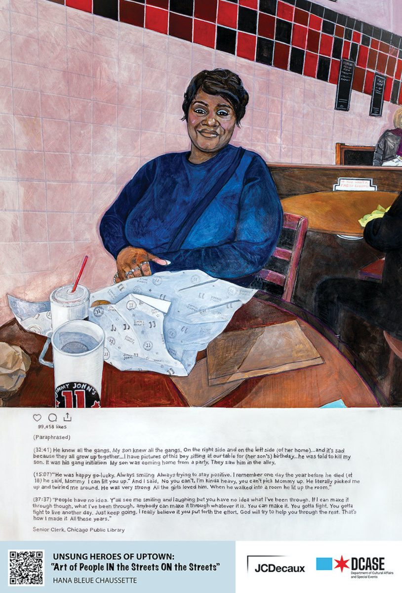 “K., Senior Clerk”: Unsung Heroes of Uptown: Art of People ON the Streets IN the Streets, acrylic and colored pencil, handwritten text in pencil on Stonehenge, 48” x 67,” 121.92 cm x 170.18 cm, one of five in a series, 2023””