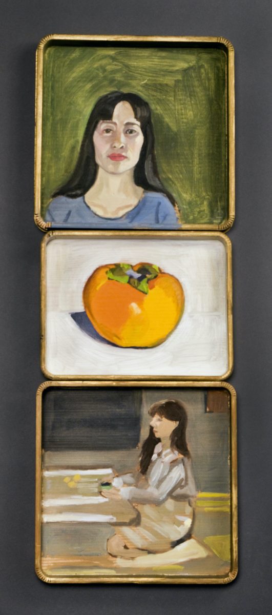 “The Kaki of My Eye,” oil on Japanese sanbo, 20” x 8,” 50.8 cm x 20.32 cm, Japan’s 1988