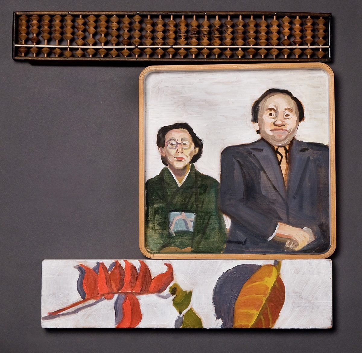 “Hasamu,” to pinch or pinched, oil on archival abacus, sanbo tray, paintbox lid, approximately 12” x 10,” 1989