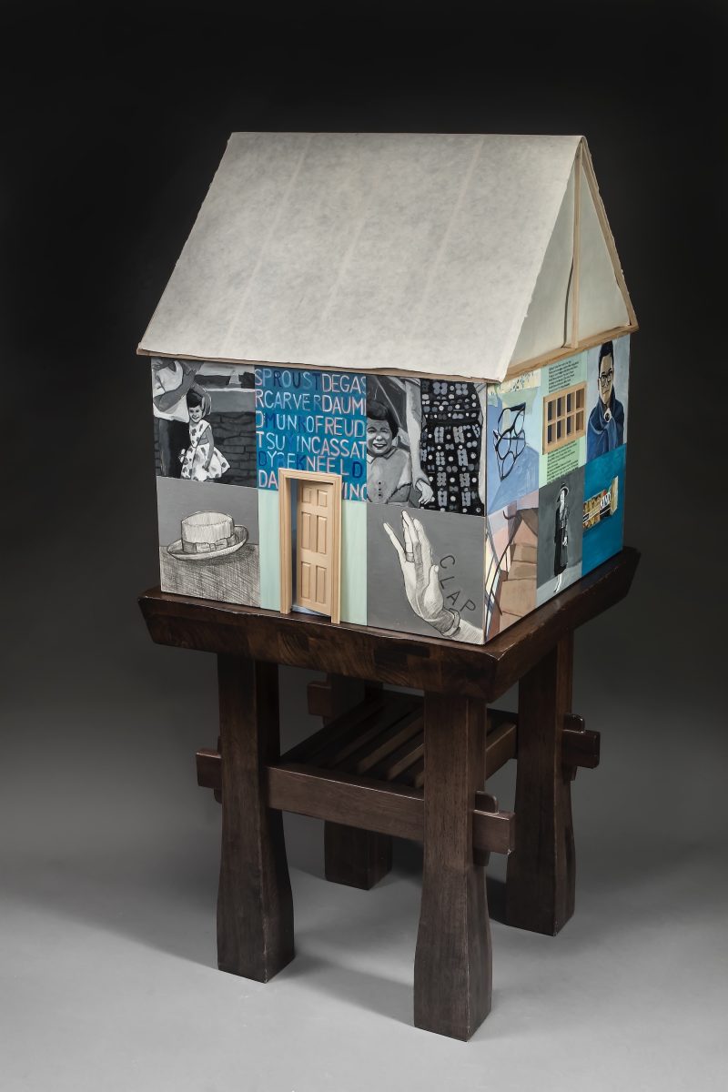 “Zeitgeist 1,” gouache, pencil, paper, claybord, (interior) ceramic bed, lights and flash drive with audio and text, 36” x 36” x 48,” (91.44 cm x 121.92 cm), 2014