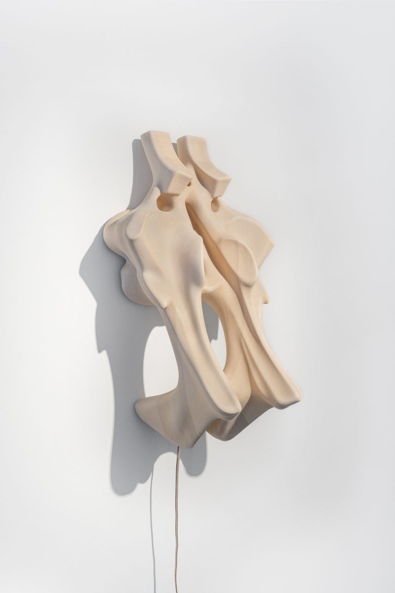 inverted-stigmata 1_Dimesions Variable_Wood-polymer composite, transducers, amplifier, 440 audio loop_Fharid LaTorre