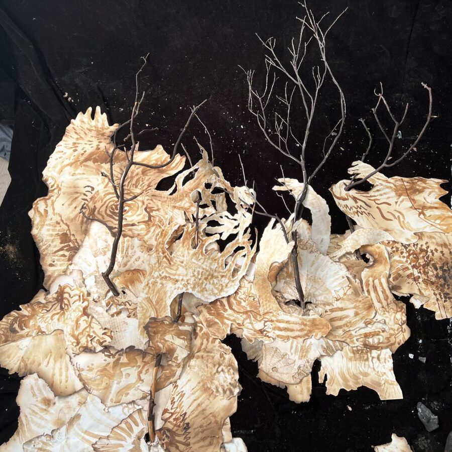 2022_artist profile_SuziGarner_Burnt-Forest-1-work-in-progress-scorched-branches-and-scorched-breast-milk-painting-on-paper
