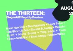 Bright green and purple poster showing the title of the event" the thirteen" and the artists names