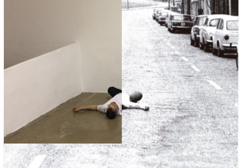 Photographic work by artist Nestor Garcia, showing a person lying on the ground lying in a road juxtaposed with person lying on the ground in a gallery space.