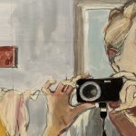 “No, I See You, self-portrait, watercolor, gouache and pencil on claybord, 6” x 6,” 2014