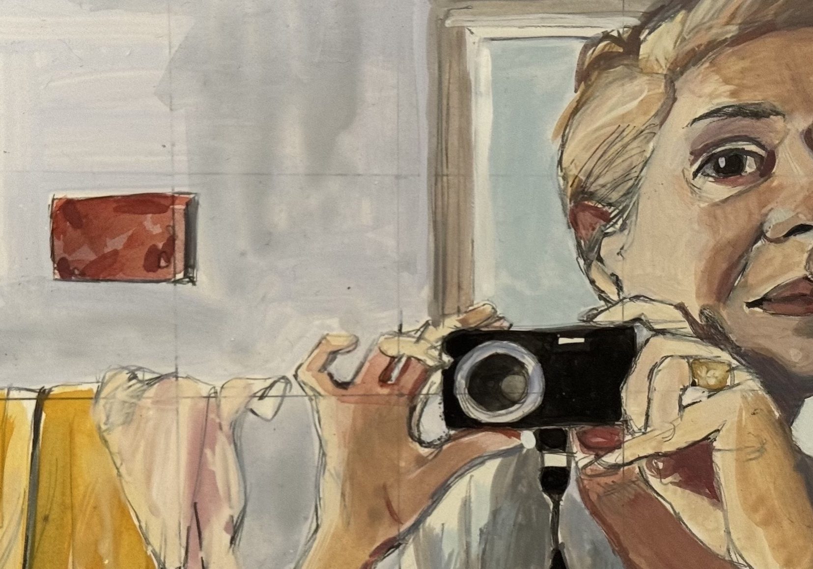 “No, I See You, self-portrait, watercolor, gouache and pencil on claybord, 6” x 6,” 2014