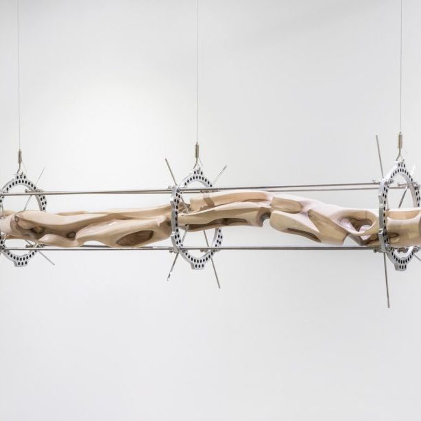 showing slivers & taking off skin for sake of dopamine layer of diophantine equations_44 x 7 x 6.5 in_carved walnut, stainless steel_Fharid LaTorre (2)